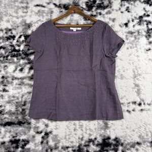 Boden Top Womens Size 10 Purple Linen Embellished Neckline Short‎ Sleeve Hippie